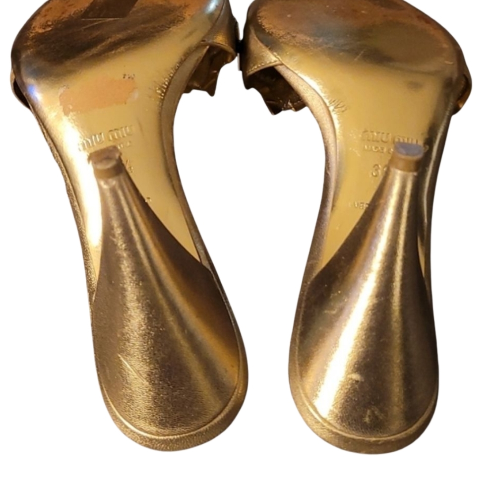 MIU MIU | Gold Metallic Embellished Mule Heels EU 36.5 / US 6.5 - Picture 7 of 8